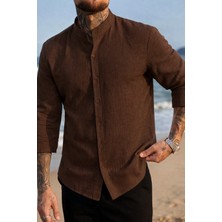 Tarz Cool Erkek Regular Hakim Yaka Keten Görünümlü Gömlek