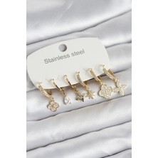 HERŞEYBURDAMODA Çelik Gold Renk 6'lı Set Yonca Model Kadın Küpe