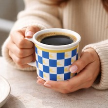 Dyris 8 cm Porselen Kahve Kupası – Mavi Kare Desenli, Americano & Filtre Kahve Fincanı