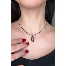 Vintage Takı Siyah Deri Ipli Bakır Kaplama Minimal Kurukafa Skull Kolye