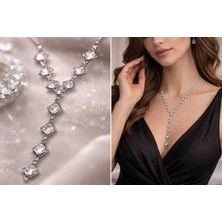 Besmyar Jewels Y Kolye Zirkon Taşlı Abiye Kolye – Uzun Sallantılı Gümüş Renk Şık ve Zarif Kadın Kolyesi