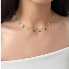 Fiorentaş Zarif Kalp Detaylı Gold Ton Renkli Taşlı Çelik Choker Kolye