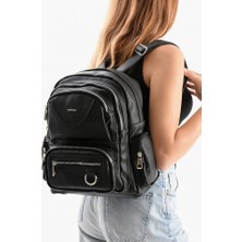 MEGA Çok Bölmeli Yumuşak Deri Kadın Sırt Çantası – Günlük Kullanım Büyük Boy Sırt Çantası (Siyah)