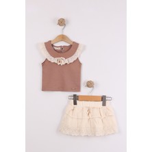 Joy Kids Kız Çocuk Müslin Etekli Sıfır Kol Takım (%100 Pamuk) (Kahve-Bej)