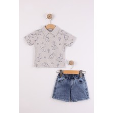 Joy Kids Erkek Bebek Kot Şortlu Dinozor Baskılı Lagos Takım (9-24AY) (Gri)