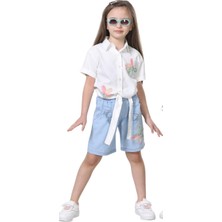 İrem Çocuk Giyim Kız Çocuk Gömleği Çiçek Detaylı Önü Bağlamalı Kot Şortlu Beyaz Renk İkili Takım