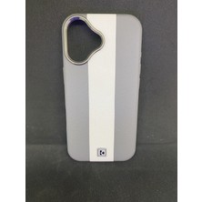 Husta Aksesuar iPhone 17 Uyumlu Lüks Suni Deri Kılıf - Ultra Ince Kamera ve Darbe Korumalı Şeritli Tasarım - Gri/beyaz