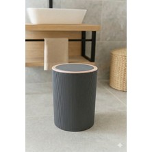 İndecor Houseware Liza Antrasit Gri Çizgili Yuvarlak Banyo Çöp Kovası - Mutfak Çöp Kutusu - Ofis Çöp Kovası 5 Litre