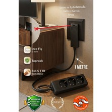 ARYES Siyah 1 Metre 3'lü Uzatma Ince Fişli 5mm Yassı Fiş Topraklı 3x1.5 Ttr Tam Bakır Kablo