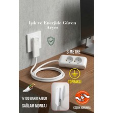 ARYES 2’li Uzatma Kablosu 3 Metre Slim Ince Fiş 3x1,5 Ttr Bakır Kablo Çocuk Korumalı Topraklı Priz