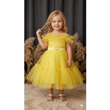 Ayyılmaz Kız Çocuk Pürpür Abiye Elbise Ekstra Tül Detaylı Beli Lastikli Sarı