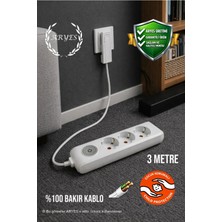 ARYES 3’lü Anahtarlı Ince Fiş Uzatma Kablosu 3 Metre Tam Bakır Kablo Dar Alanlar Için Güvenli Priz