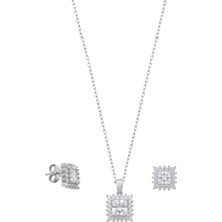 Oya Silver Kare Işıltılı Zirkon Tek Taşlı Gümüş Set Takım [OYSY261]