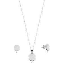 Oya Silver Minimalist Parlak Yonca Gümüş Kolye ve Küpe Seti [OYSY265]