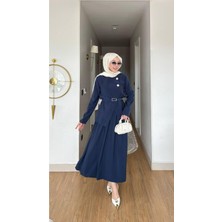 Esra Butik Lacivert Tensel Kumaş Kemer Detaylı Etekli Tesettür Takım – Düğme Aksesuarlı Şık Kadın Takım