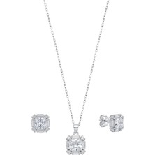 Oya Silver Kare Zirkon Baget Taşlı Gümüş Kolye Küpe Seti [OYSY271]
