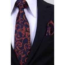 Esgue Hand Made 8 cm Dalgalı Desen Lacivert Bakır Renk Mendilli Kravat