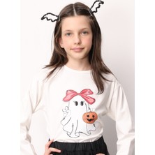 Le Mabelle Beyaz Sevimli Hayalet Baskılı Halloween Kız Çocuk Tişört