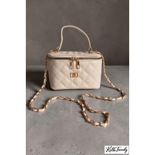 CLASSBAG Kadın Krem Mini Kutu, Kapitone Desenli Zincir Askılı Çapraz ve El Çantası