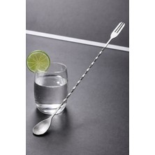 PremiumPort Paslanmaz Çelik Burgulu Kokteyl Karıştırma Kaşığı, 32CM, Çatallı, Şık ve Dayanıklı
