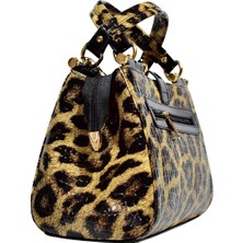 Elegant Leopar Desenli Gold Detaylı Deri Bold Şık Kadın El Çantası ve Omuz Çantası