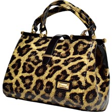 Elegant Leopar Desenli Gold Detaylı Deri Bold Şık Kadın El Çantası ve Omuz Çantası