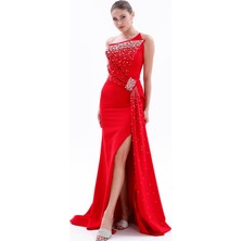 Bdm Exclusive Asimetrik Drape Inci Taş Aplikeli Yırtmaçlı Krep Abiye Elbise