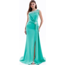 Bdm Exclusive Asimetrik Drape Inci Taş Aplikeli Yırtmaçlı Krep Abiye Elbise