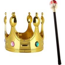 My Best Store Çocuk Boy Altın Renk Kral Tacı ve Kırmızı Topuzlu Kral Asası
