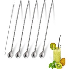 PremiumPort Paslanmaz Çelik Kokteyl Bar Kaşığı ve Temizleme Fırçası Seti