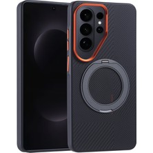 Alan Tech Galaxy S26 Ultra Kılıf M-Safe Şarj Özellikli Karbon Fiber Görünümlü Zore Standlı Troy Kapak - Turunc