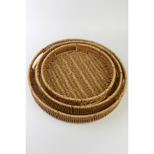 Plentiful 3 Lü Rattan Tepsi Dekoratif Tepsi Hasır Örme Tepsi Yuvarlak Kahverengi