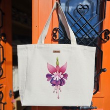 Bumudur Aksesuar Renkli Fuchsia Çiçeği Tasarımı Flower Baskılıı Naturel Kanvas Bez Çanta Sap Beyaz Cırt Cırtlı Suluk Tutuculu - Büyük