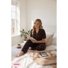 Seamlife Kadın Büyük Beden Viskon Gömlek Yaka Önden Düğmeli Göğüs Cepli Mevsimlik Kısa Kol Pijama Takımı