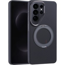 Alan Tech Galaxy S26 Ultra Kılıf M-Safe Şarj Özellikli Karbon Fiber Görünümlü Zore Standlı Troy Kapak - Siyah