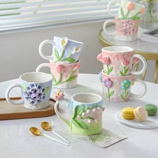 My Best Store Kabartmalı Motifli Tasarım Çiçekler Seramik Kupa Bardak