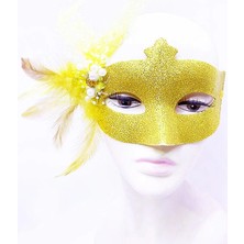 My Best Store Sim Işlemeli Inci Boncuk Detaylı Tüylü Balo Maskesi Altın Renk 13X18 cm