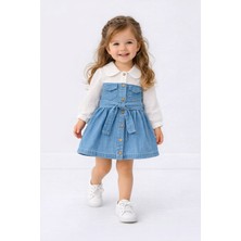 Overdo Dolce Denim Kız Çocuk Elbise %100 Pamuk Müslin Üst, Kot Alt, Açık Mavi & Koyu Mavi 1-4 Yaş