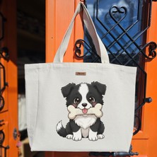 Bumudur Aksesuar Sevimli Sakar Köpek Cute Dog Baskılıı Naturel Kanvas Bez Çanta Sap Beyaz Cırt Cırtlı Suluk Tutuculu - Büyük