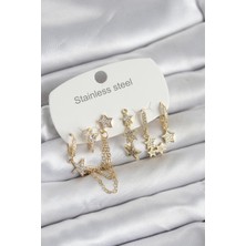 Karahanbey Çelik Gold Renk 6'lı Set Zincirli Yıldız Modelli Kadın Küpe -