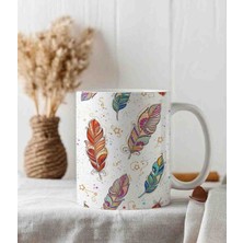 Weiler Riger Renkli Kuş Tüyü Desenli Boho Tasarım Premium 330 ml WR-TY101 - Hediye Porselen Kupa Bardak