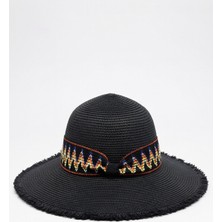 Mollycrush Etnik Motifli Siyah Kadın Hasır Şapka - Doğal Saçaklı Geniş Kenar Yazlık Güneş Koruyucu Fötr