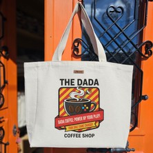 Bumudur Aksesuar Oyun Tutkusu Dada Kahvesi Tasarımı Coffee Oyununu Güçlendir Baskılıı Naturel Kanvas Bez Çanta Sap Beyaz Cırt Cırtlı Suluk Tutuculu - Büyük