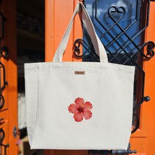 Bumudur Aksesuar Tropikal Hibiskus Çiçeği Deseni Tropical Hibiscus Flower Pattern Baskılıı Naturel Kanvas Bez Çanta Sap Beyaz Cırt Cırtlı Suluk Tutuculu - Küçük