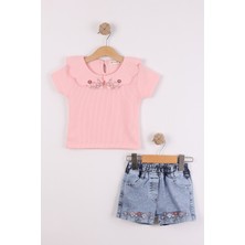 Joy Kids Kız Çocuk Yakası Mantar Detaylı Kot Şortlu Takım (Pembe)