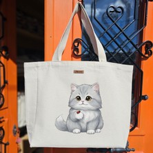 Bumudur Aksesuar Sevimli Gümüş Kedi ve Uğur Böceği Cute Silver Cat And Ladybug Baskılıı Naturel Kanvas Bez Çanta Sap Beyaz Cırt Cırtlı Suluk Tutuculu - Büyük
