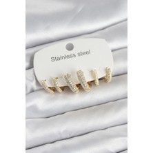 Karahanbey Çelik Gold Renk 6'lı Set Zirkon Taşlı Halka Model Kadın Küpe -