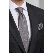 Milleniva Çiçekli Gri Pembe Kravat & Mendil