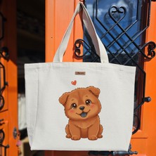Bumudur Aksesuar Sevimli Kahverengi Yavru Köpek Cute Brown Puppy Baskılıı Naturel Kanvas Bez Çanta Sap Beyaz Cırt Cırtlı Suluk Tutuculu - Büyük