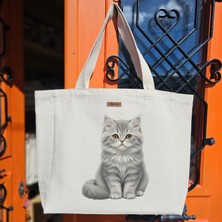 Bumudur Aksesuar Gri Kedi Portresi Gray Cat Portrait Baskılıı Naturel Kanvas Bez Çanta Sap Beyaz Cırt Cırtlı Suluk Tutuculu - Büyük